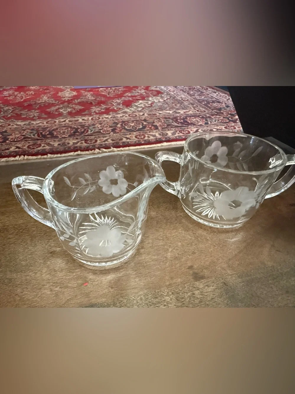 Vintage Floral Cut and Etched Glass Cream, Sugar, and Dish Set